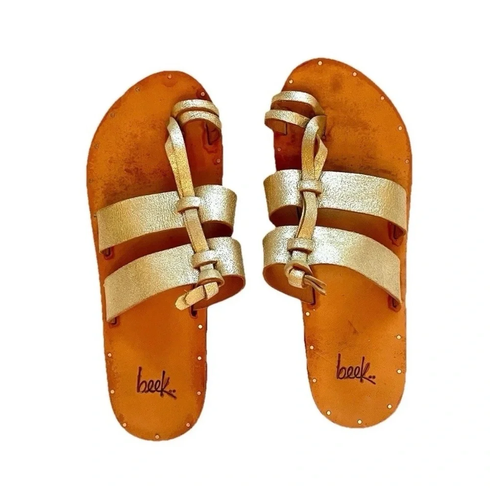 Beek Gold Leather Sandals Size 9 | Handmade Slide Sandals - Picture 1 of 11